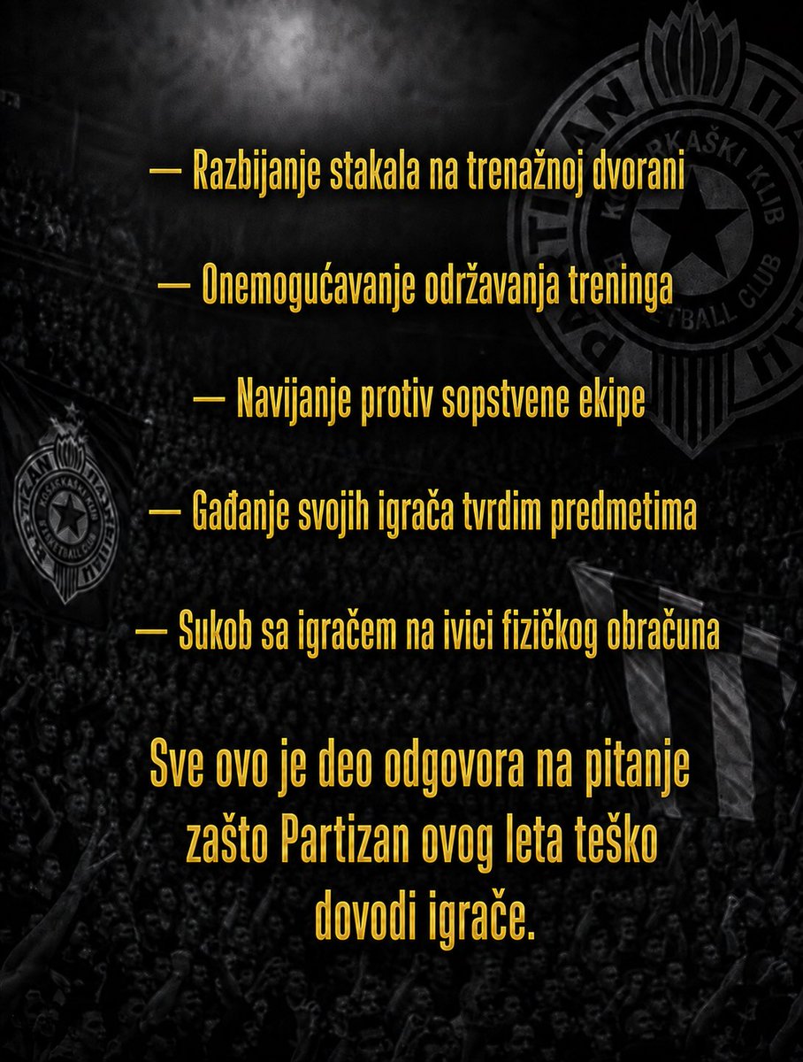 Pobednikbgd's tweet photo. - Razbijanje stakala na trenažnoj dvorani, 
- onemogućavanje treninga, 
- navijanje protiv sopstvene ekipe, 
- gađanje svojih igrača tvrdim predmetima, 
- sukob sa igračem na ivici fizičkog obračuna

 Sve ovo je deo odgovora na pitanje zašto Partizan ovog leta teško dovodi igrače https://t.co/6nRTWEYJ2x