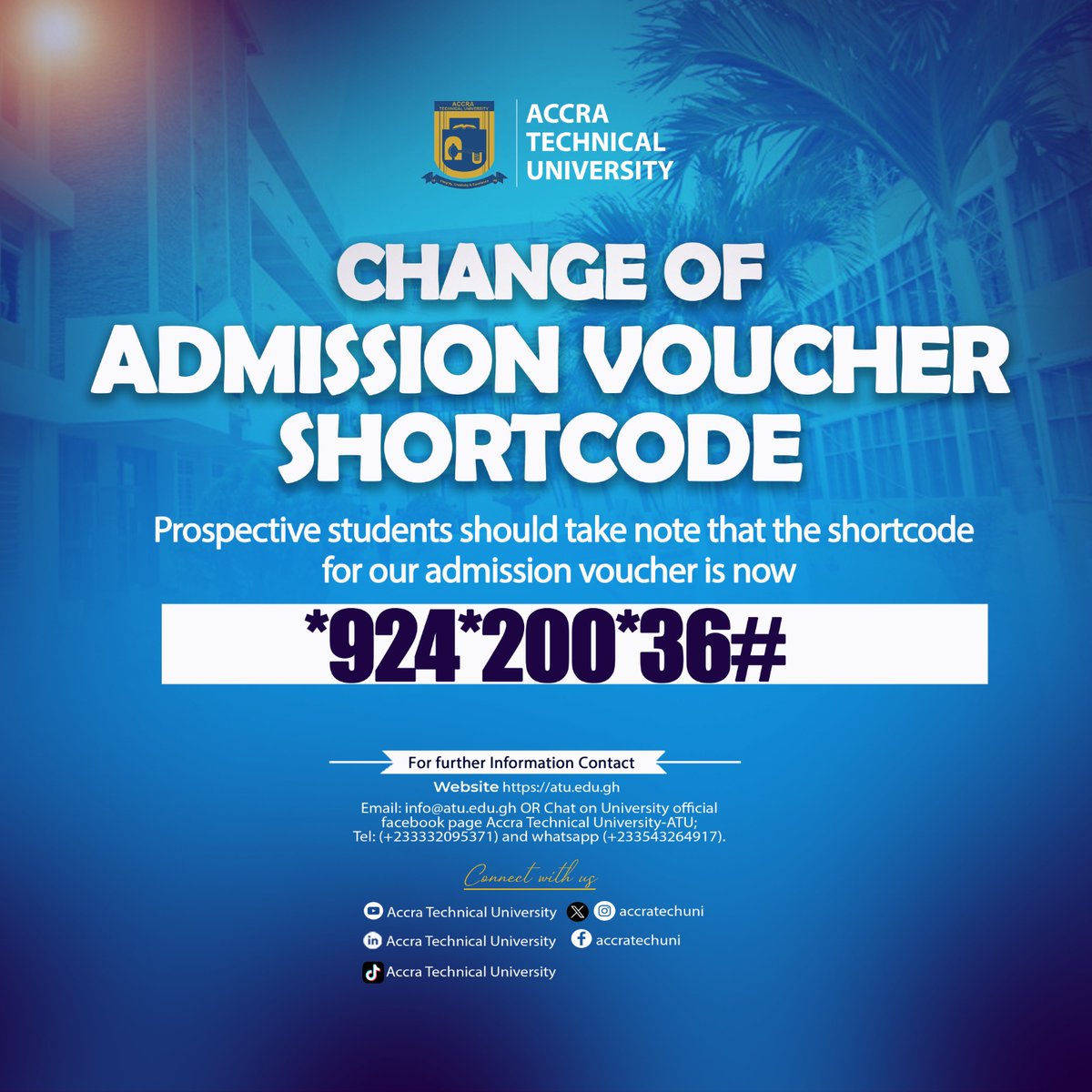 accratechuni's tweet photo. Our shortcode for ATU online payments has changed. Students, applicants and the general public are advised to use the new shortcode for all applicable online payments. https://t.co/qh7ayaULmC