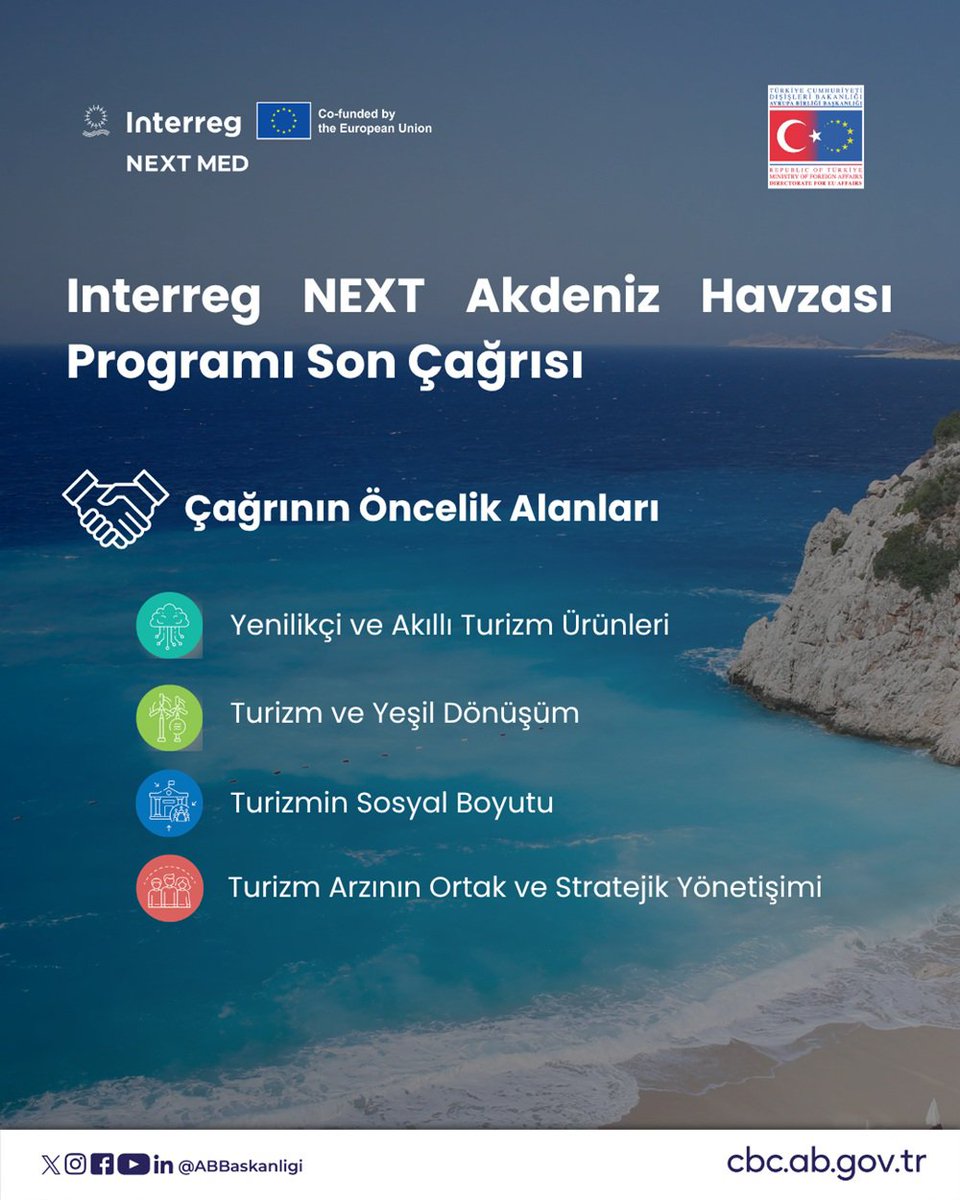 ABBaskanligi's tweet photo. 🌿 Sürdürülebilir turizm için yeni fırsatlar @Interregnextmed’den geliyor! 🌍@ABBaskanlıgı’nın Ulusal Otoritesi olduğu @Interregnextmed Programı’nın sürdürülebilir turizm temalı 3. teklif çağrısı başladı! 🚀 https://t.co/czKPb3DlSL