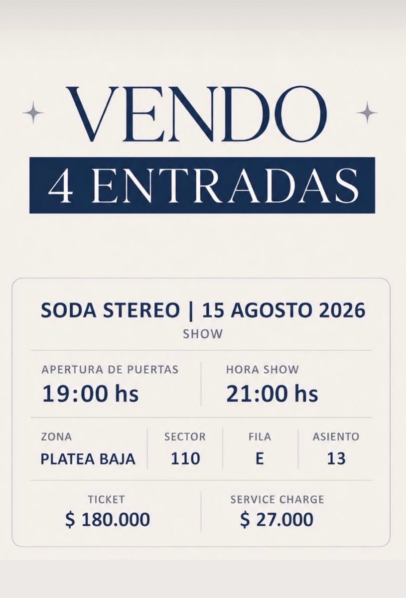 LuliLarghi's tweet photo. Vendo entradas para el show de soda stereo para el 15/08/26 https://t.co/WaehlXisIN