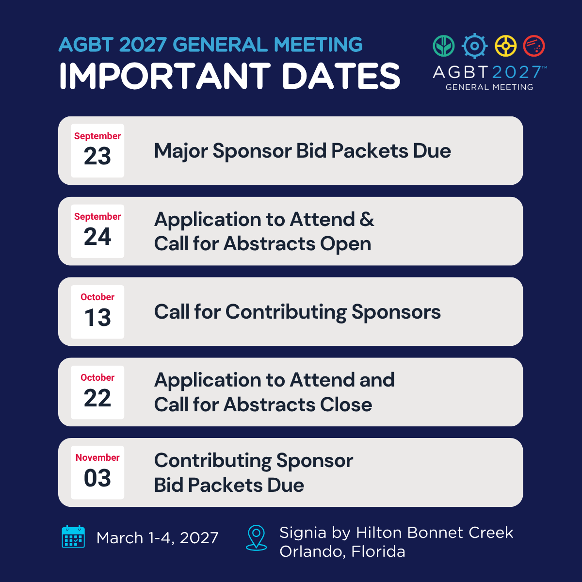 agbt's tweet photo. Planning to apply for the 2027 AGBT General Meeting, taking place March 1-4, in Orlando, Florida. 

📅 Mark these key deadlines on your calendar.
👉 For additional information visit: https://t.co/zQfPKDcWFm

#AGBTGM27 #Genomics #Biotechnology #LifeSciences https://t.co/waFYoC0aLL