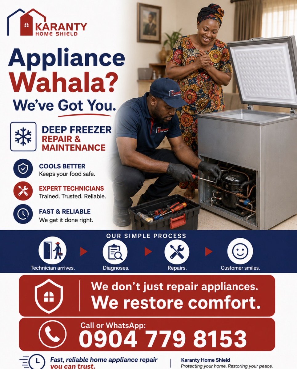 KarantyHome's tweet photo. Appliance wahala? Don’t let it spoil your day. 🔧

Technician arrives.
Problem diagnosed.
Repair done.
Customer smiling again. 

At Karanty Home Shield, we don’t just repair appliances — we restore comfort to your home.

📞 Call/WhatsApp: 0904 779 8153

#Karanty #ApplianceRepair https://t.co/uwKdCdgybE