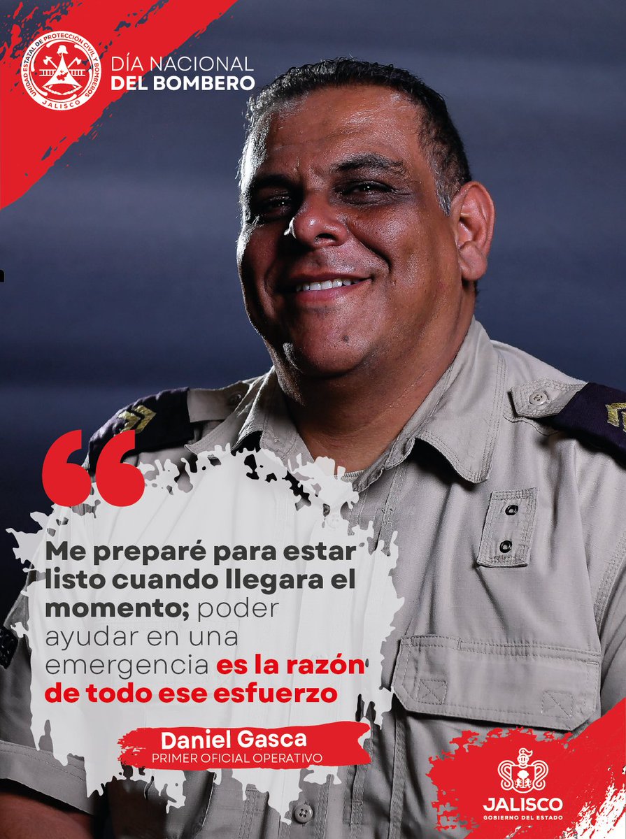 PCJalisco's tweet photo. En el marco del Día del Bombero, reconocemos la trayectoria del Primer Oficial Operativo Daniel Gasca García, quien suma 20 años de servicio en la Unidad Estatal de Protección Civil y Bomberos Jalisco.

Desde niño tuvo la ilusión de convertirse en bombero. Con el paso de los años no solo mantuvo vivo ese sueño, sino que se preparó y estudió para hacerlo realidad. Hoy, dos décadas después, continúa encontrando en el servicio a la ciudadanía la motivación para levantarse cada día y estar listo para responder cuando una emergencia lo requiere.

Entre las experiencias que han marcado profundamente su trayectoria se encuentran los sismos de 2017 en la Ciudad de México. Después de años de preparación, poder poner sus conocimientos y habilidades al servicio de las personas durante aquel momento histórico representó un antes y un después en su vida, tanto personal como profesional.

Su familia también es uno de los principales motores que lo impulsan a continuar, mientras que cada emergencia representa una oportunidad para ayudar, aportar soluciones y hacer la diferencia cuando alguien atraviesa uno de los momentos más difíciles.

Gracias por estos 20 años de preparación, entrega y compromiso con la ciudadanía.

🚒 En el marco del Día del Bombero, reconocemos a quienes convierten un sueño en una vocación y una vocación en acciones que hacen la diferencia.

@sergioramloz