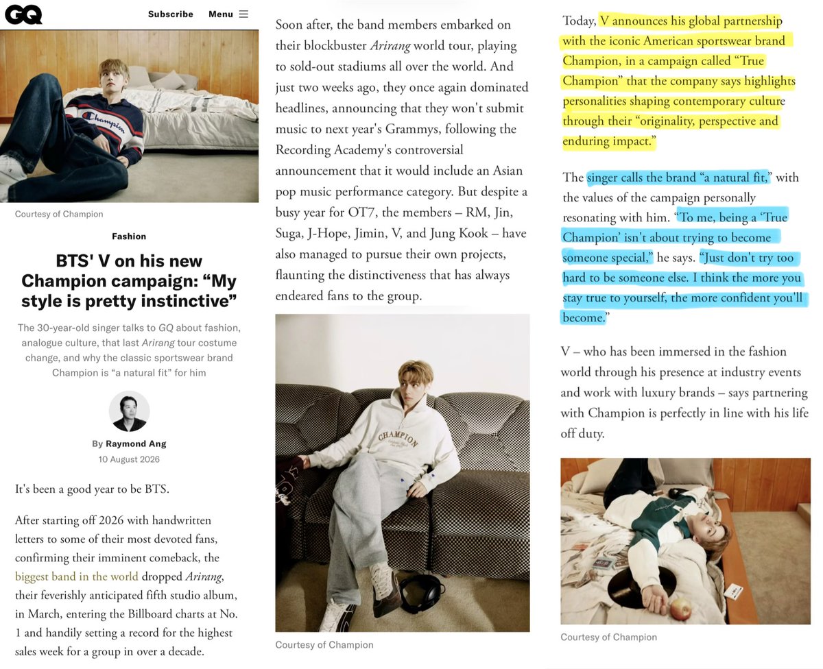 VonTidal's tweet photo. GQ — Taehyung × Champion: Full article for those who couldn’t access it. Cheers

🔗 https://t.co/89r6kGOw4b https://t.co/62g82OXU41