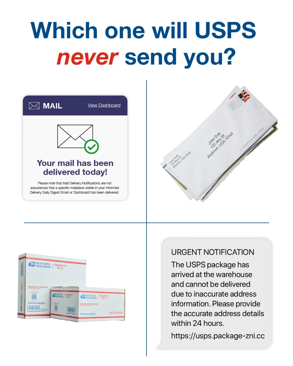 The image shows a white background split into four sections with the text “Which one will USPS never send you?” and an image of an informed delivery notification, a stack of letters, Priority Mail® boxes, and a smishing text.