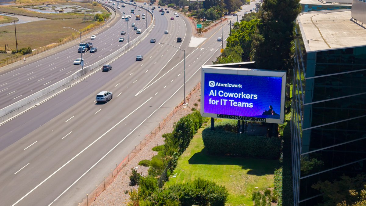 atomicworkhq's tweet photo. We're on the 101. 🛣️

One billboard for what we do. One for who we do it for.

AI coworkers for IT teams and @Zuora 's IT team moving faster because of them.

Look up on your way to work.

@amnigos @kirandarisi @parsurv https://t.co/WN1ZPolH9I