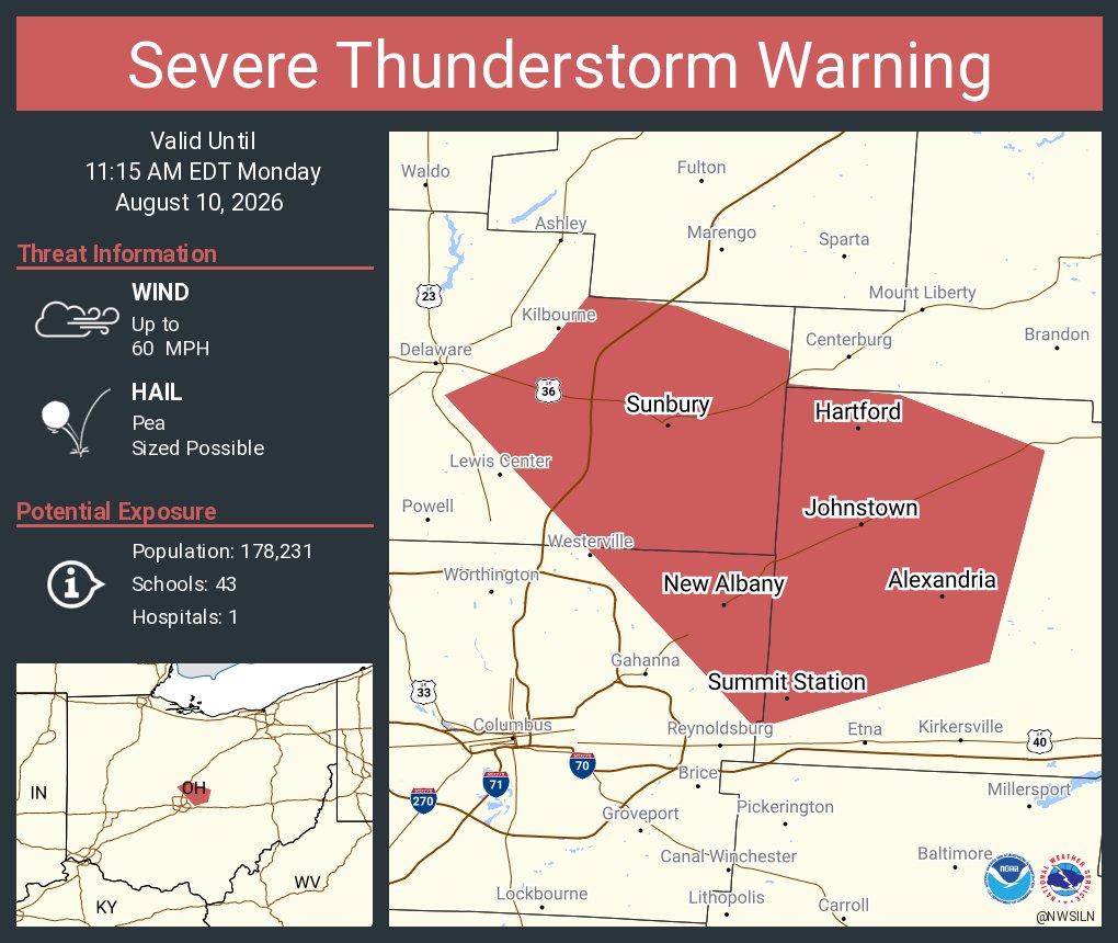 NWSILN's tweet photo. Severe Thunderstorm Warning including New Albany OH, Johnstown OH and  Sunbury OH until 11:15 AM EDT https://t.co/ZIupi25YeH