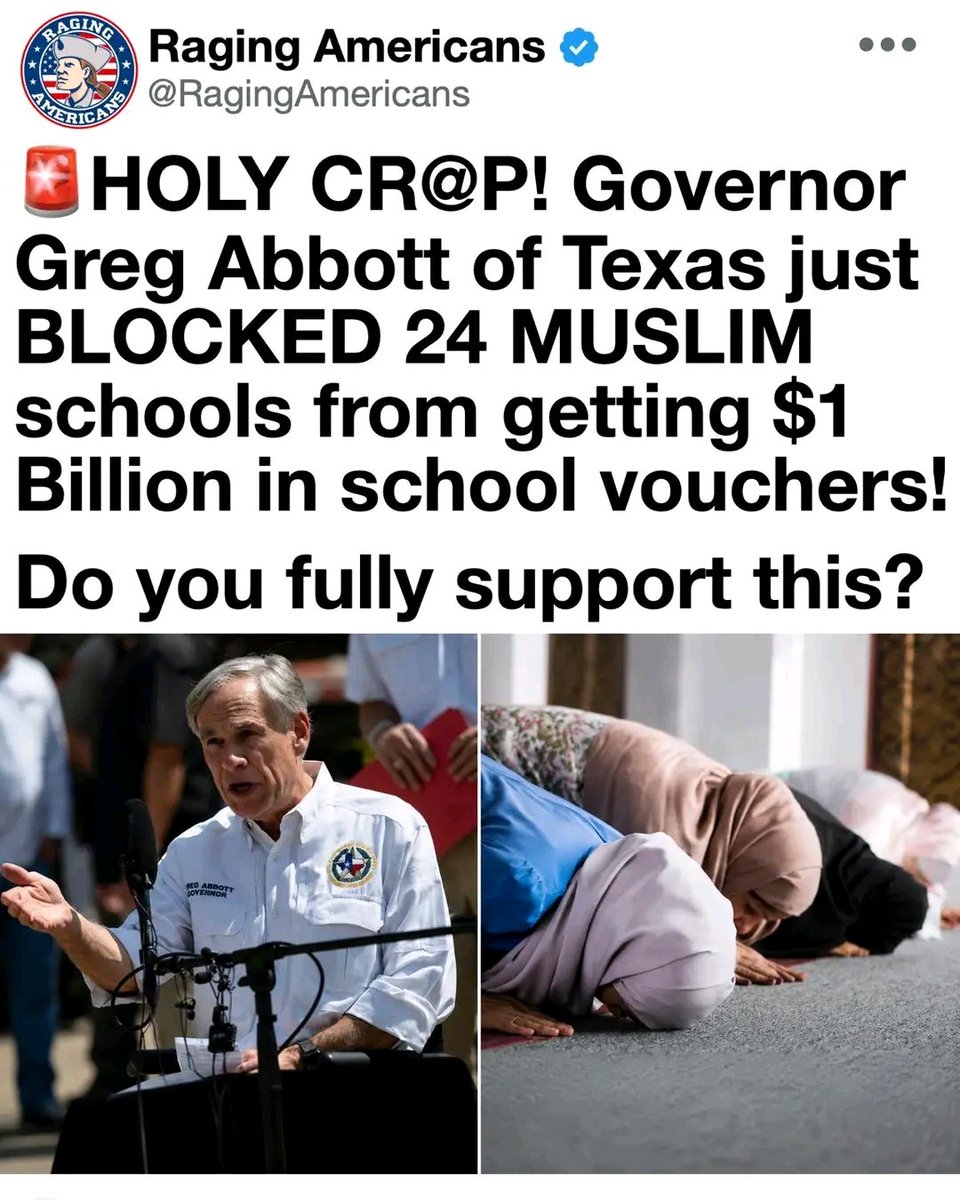 drscottYoung963's tweet photo. BOOM! Governor Greg Abbott's bold move to block 24 Muslim schools from receiving $1 billion in taxpayer-funded school vouchers is a victory for common sense and fiscal responsibility Public dollars shouldn’t fund institutions promoting ideologies against American and Western vals https://t.co/vF9QTeZY7f
