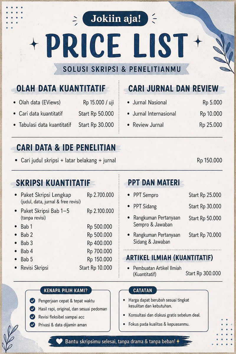 dvtadlia's tweet photo. Buat yang lagi pusing sama skripsi, jurnal, olah data, atau persiapan sempro dan sidang, tenang aja karena semuanya bisa dibantu😍

#jokiskripsi #akuntansi  #eviews #olahdata #artikelilmiah #jurnal #tabulasidata https://t.co/5eg6BRUssx