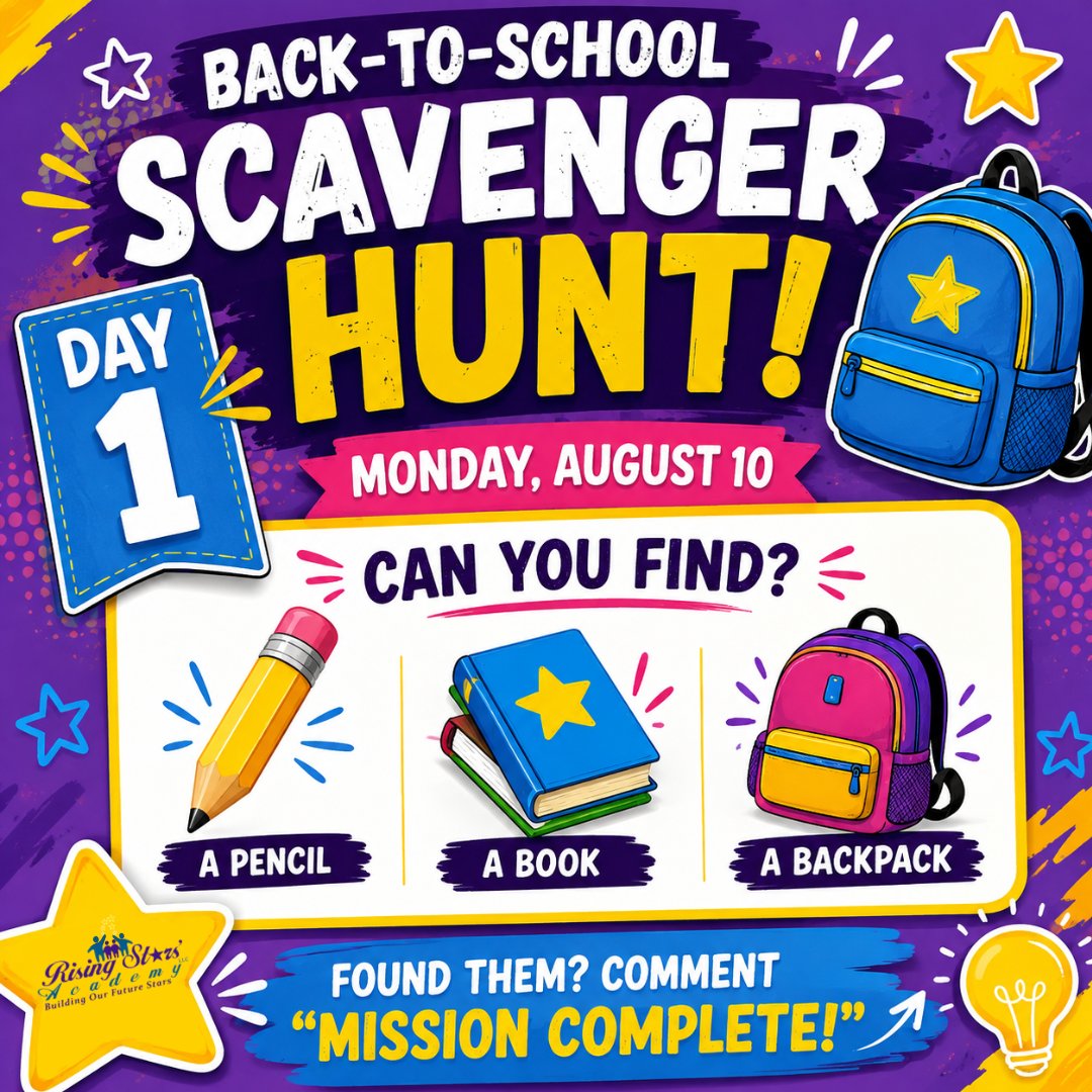 myrisingstars1's tweet photo. π Back-to-School Scavenger Hunt β Day 1!
Can you find:
βοΈ A pencil
π A book
π A backpack
Comment "Mission Complete!" when you've found all three! β
Come back tomorrow for Day 2 Challenge!
#BackToSchool #ScavengerHunt #LearningIsFun https://t.co/6aCkPkHq4V