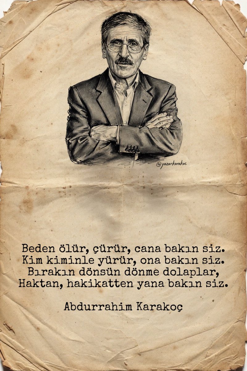 yazarkarakoc's tweet photo. Beden ölür, çürür, cana bakın siz. 
Kim kiminle yürür, ona bakın siz. 
Bırakın dönsün dönme dolaplar, 
Haktan, hakikatten yana bakın siz.

#AbdurrahimKarakoç https://t.co/BTqCDk0hXa