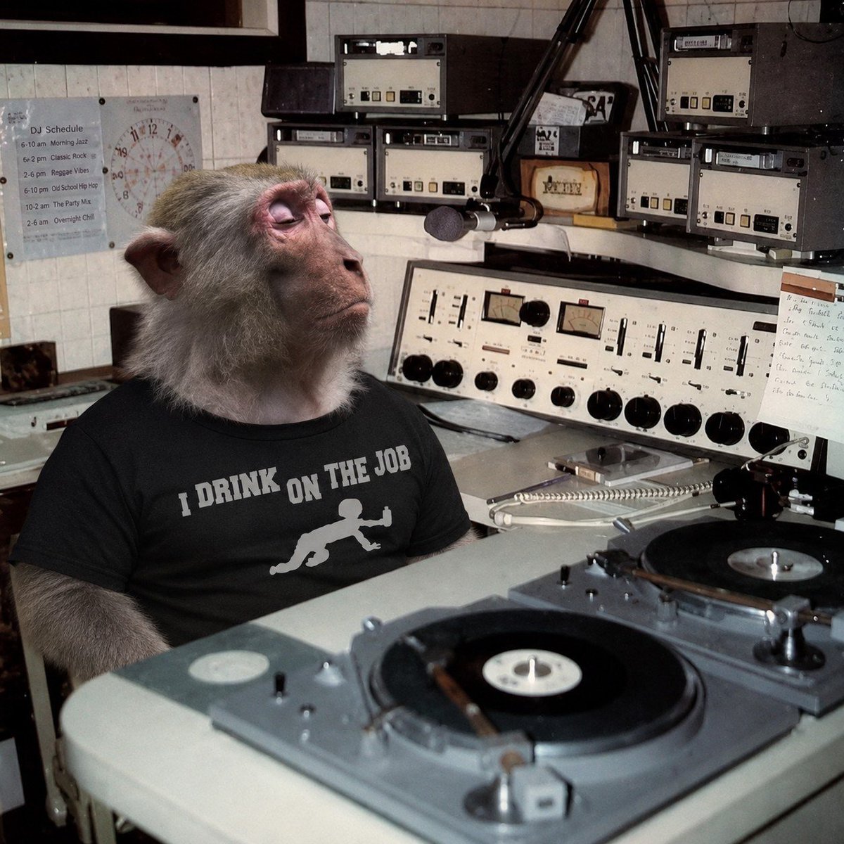 Monkecoinonton's tweet photo. Monke's running the night shift on the decks, drink in hand and not a care in the world. This is peak $monke energy https://t.co/4qTBb97epk