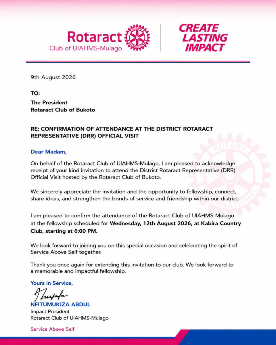 racuiahms's tweet photo. As the Rotaract Club of Bukoto will be having their DRR Official Visit dated 12th August 2026. 🤝🏽💙We proudly confirm our attendance to the invitation❤️to connect,learn,share ideas and support eachother for a stronger district
 #RotaractUIAHMSMulago #RotaractLegacy
#RotaractD9213 https://t.co/ywYqN6ynoN