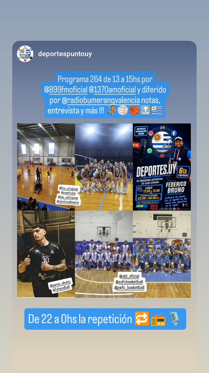 deportesuy2's tweet photo. Hoy !!! 🤾🏀🏐🔝🇺🇾🎙️📻 @FUHandball @UyDeporte @OlimpicoUy @suramericanos26 @OblOficial @LbpPaysandu https://t.co/KyvLADf77S