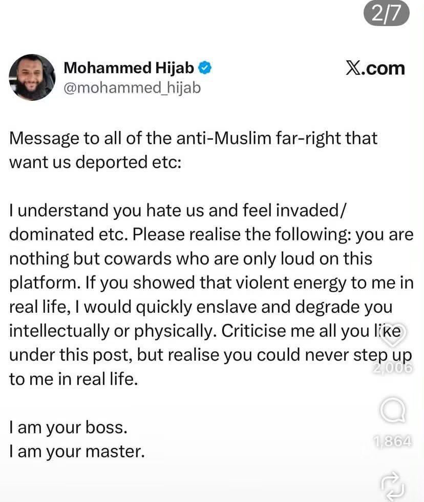 ZeekArkham's tweet photo. Hi Mohammed,

Bless your heart. You think we’re afraid of you?

This ain’t Europe. We have a second amendment. We enjoy a second amendment. Our guns have guns attached to them. 

If anything, extremists like you need to be afraid of us. We’re being tolerant and patient right now. Don’t act up and cause us to start unlocking safes. 

“Boss?” “Master?” Lmao! 

No hugs. This is America.
Zeek