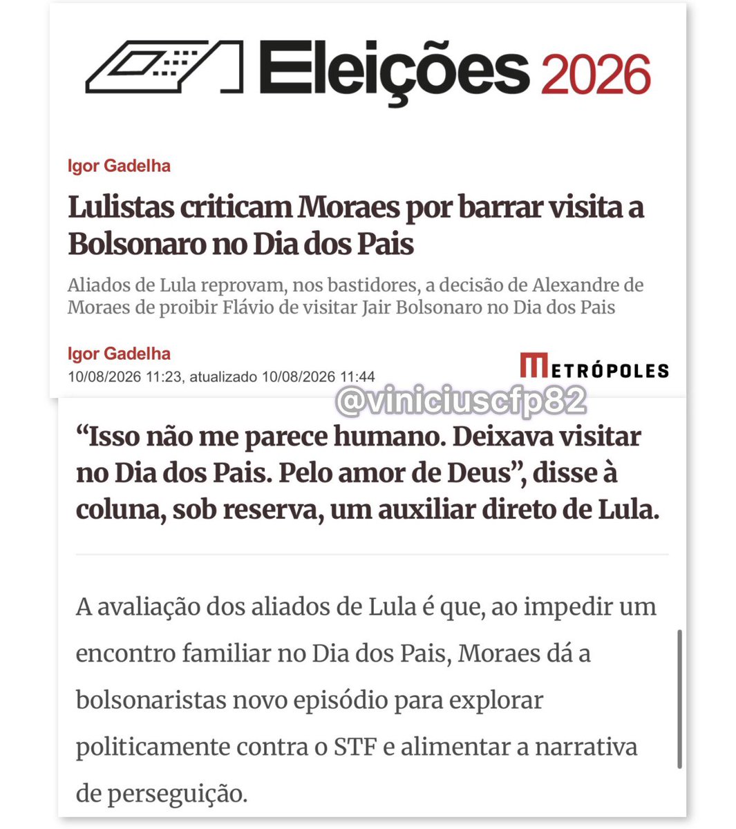 viniciuscfp82's tweet photo. Como bem diz a matéria, os lulistas temem que isso ajude o Flávio. O raciocínio é simples: a maioria das pessoas reprova perseguição. Se Moraes seguir dobrando a aposta, elegerá um Bolsonaro. Para os petistas, a perseguição é uma narrativa, para boa parte do povo, não. https://t.co/lzw41AkGMf