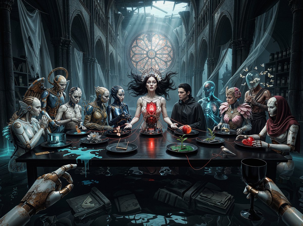 VasiawOw's tweet photo. 🍷NEW DROP🍷
"The Last Common Memory"
They are different species now. One memory still belongs to them all.
At their last supper, memory replaces bread and wine. Each leaves with a different fragment of the same human past.
1/1 on @objktcom 🫀
Link below🔻
#LastSupper https://t.co/GXopzVbaah