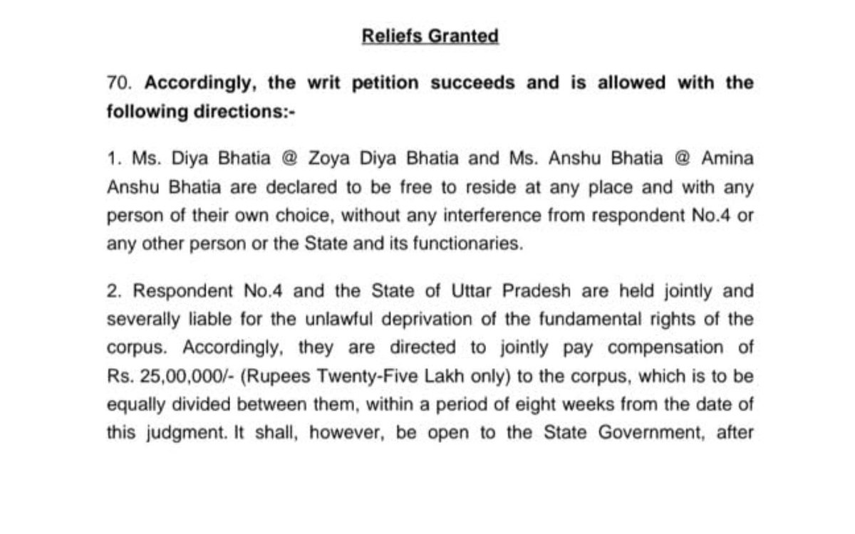 Benarasiyaa's tweet photo. UP sisters embrace Islam, confined inside house by father; court orders  compensation of ₹25 lakh to be jointly paid by father, state

Two sisters Diya Bhatia alias Zoya Diya Bhatia and Anshu Bhatia alias Amina Anshu Bhatia had embraced Islam against the wishes of their father Anil Kumar Bhatia. A case under sections of BNS and Unlawful conversion act 2021 was registered by their father at Sadar Bazar police station in Agra, UP. The sisters were kept confined in their house by the father. A Habeas corpus was filed in the Allahabad HC. In a landmark order, Justice Sandeep Jain ordered a compensation of ₹25 lakh to be jointly paid by the father and the state.