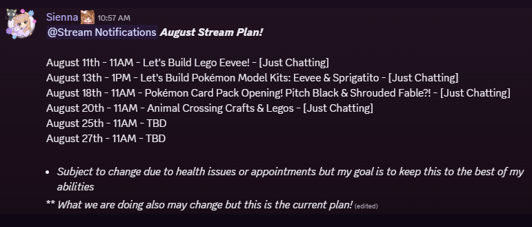 SiennaCeeCee's tweet photo. My August Stream Schedule!🤍

*Subject to change for the most accurate updates please join our lovely discord community! https://t.co/ZD7LCr8Vfo