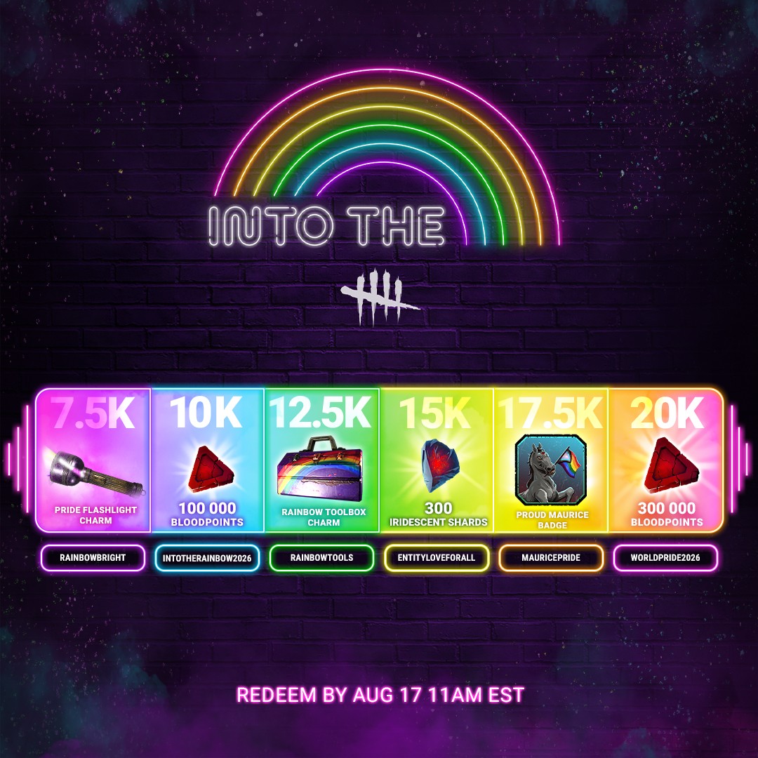 DeadbyDaylight's tweet photo. Into the Rainbow is coming to an end, but Pride never does. 🌈
Together, we've raised over €28,000 for InterPride, and we couldn't have done it without you.
➡️ Enter the code MAURICEPRIDE and WORLDPRIDE2026 in the in-game Store to unlock the last two rewards. 

Thank you to the incredible creators who helped us fundraise for a good cause, and to all the players who joined us these past two weeks. We hope to see you in The Fog!