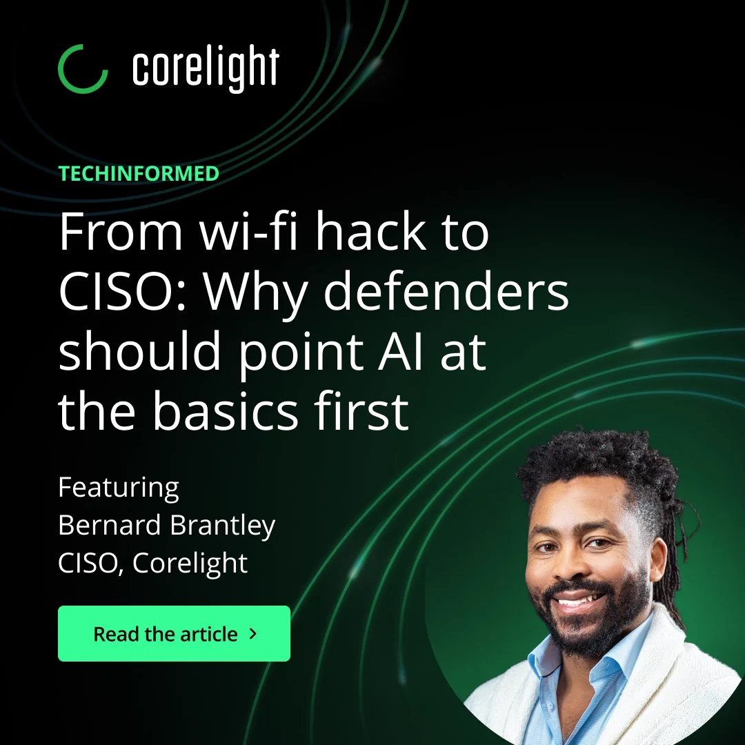 Sure! Here's a suitable alt text:

"Corelight promotional image with the headline 'From Wi-Fi hack to CISO: Why defenders should point AI at the basics first.' Featuring Bernard Brantley, CISO, Corelight. Includes a 'Read the article' button."