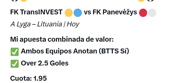 kakaruso's tweet photo. Análisis rápido:
TransINVEST genera partidos abiertos en casa. Panevėžysanota y concede con frecuencia. H2H y forma reciente apuntan a goles de ambos + total alto. #Pronosticos  #TipsDeHoy #BTTS #Over25 #Fútbol https://t.co/1b17Lt3hHc