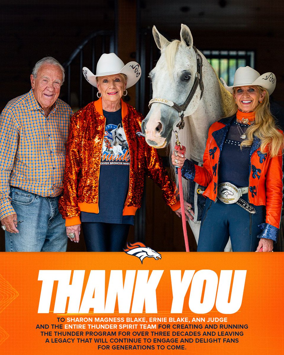 Broncos's tweet photo. After more than three decades running the Thunder program, Sharon Magness Blake, Ernie Blake and Ann Judge are retiring.

Thank you to the entire Thunder Spirit team for leaving a legacy that will continue to engage and delight fans for generations to come!

📰 » https://t.co/dVtmFSs2dl