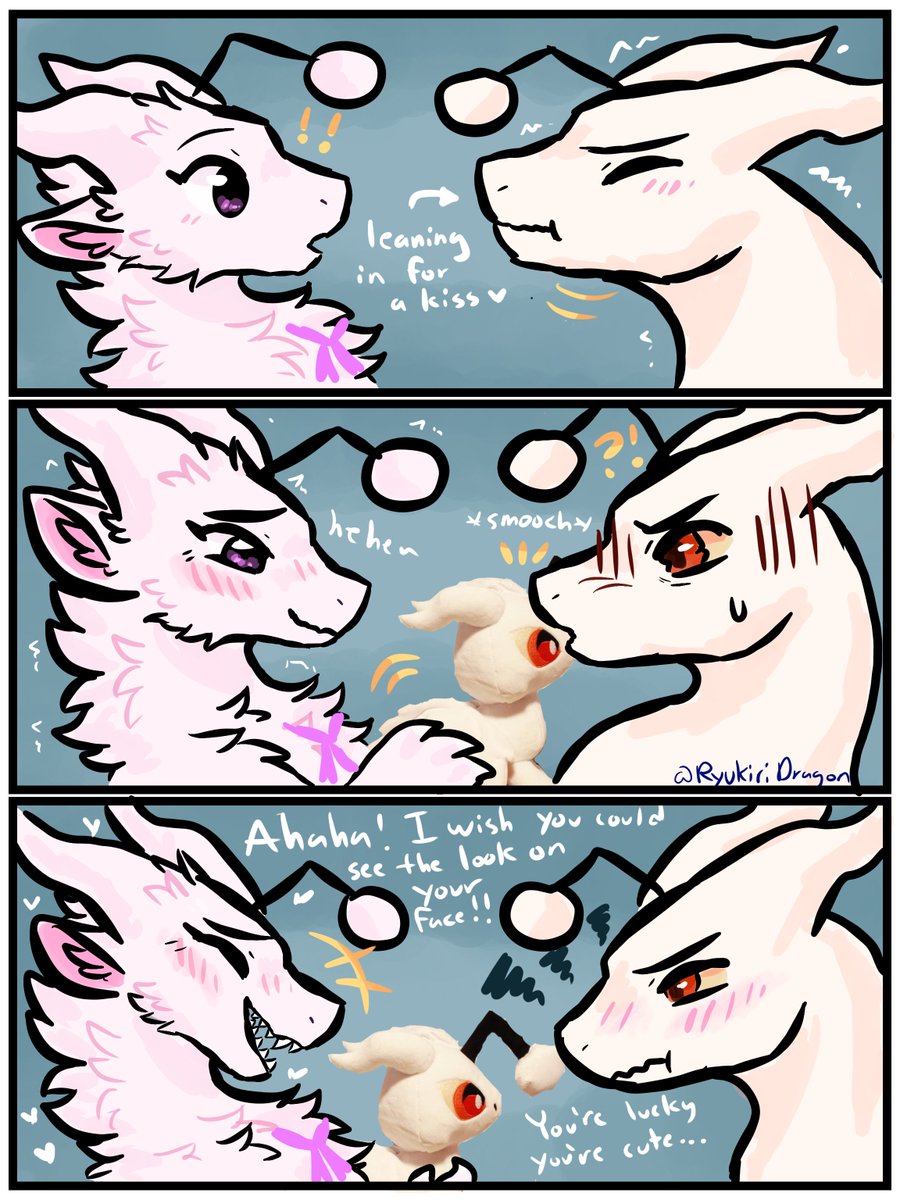 RyukiriDragon's tweet photo. Leaning in for a kiss only to be met with dragon plushie... and they say romance is dead https://t.co/Fldpoot7pM