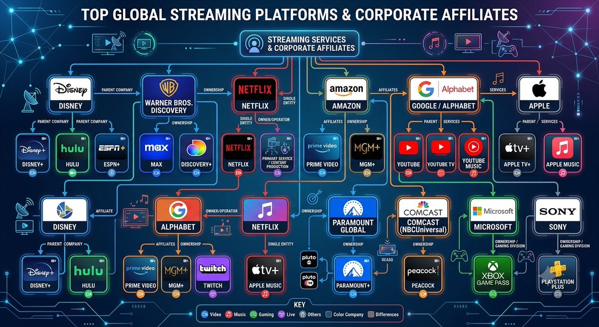 Bendernet_1's tweet photo. I created this flowchart to map out the current ownership landscape of the major streaming platforms. It shows how top video, music, and gaming services are structured under their corporate parents and affiliates. For instance, you can see how Disney manages Disney+, Hulu, and ESPN+, and how Warner Bros. Discovery holds Max and Discovery+. It also clarifies which major entities, like Netflix, are independent operations compared to those built into larger ecosystem companies like Amazon, Apple, and Google.

Feel free to comment with any corrections needed.