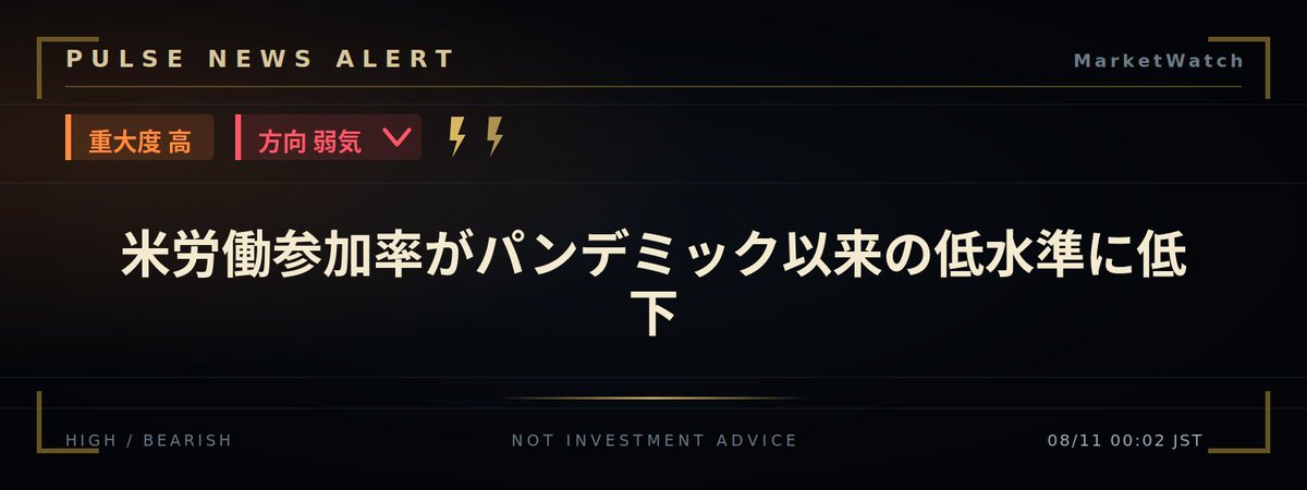 PulseTriggrBtc's tweet photo. 🚨 重要ニュース

米労働参加率がパンデミック以来の低水準に低下

BTC影響：📉 弱気
リスク資産：📉 弱気

理由：米労働参加率がパンデミック以来の低水準。景気減速懸念が強まり、リスク資産売り圧力が増加

https://t.co/mYTIqO2Ldn

#BTC #ビットコイン #マーケット https://t.co/vx2aXxcUM7