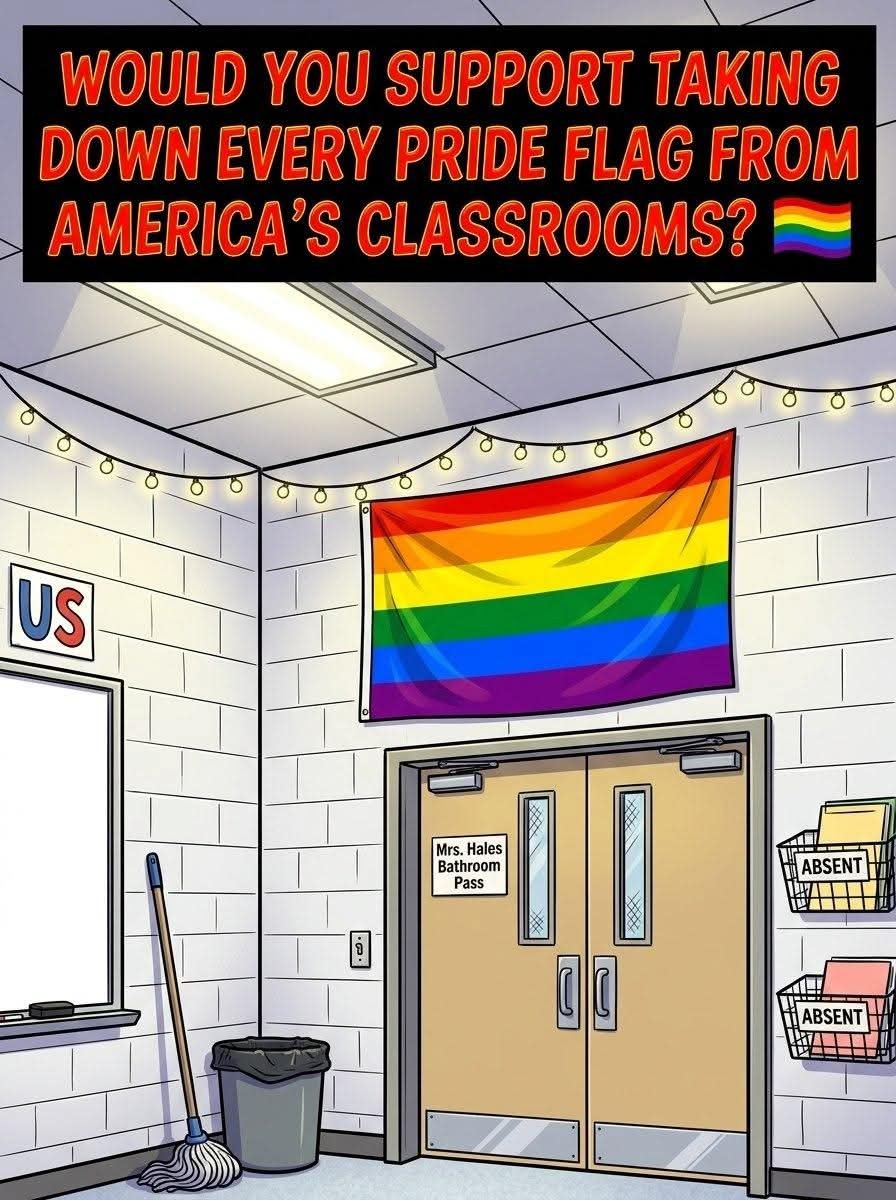 HOTMAGAX's tweet photo. 🇺🇸🏫 Should Pride flags be removed from America’s classrooms so schools can stay focused on education rather than political or ideological messaging?

Agree or disagree? https://t.co/1hk0b8FWts