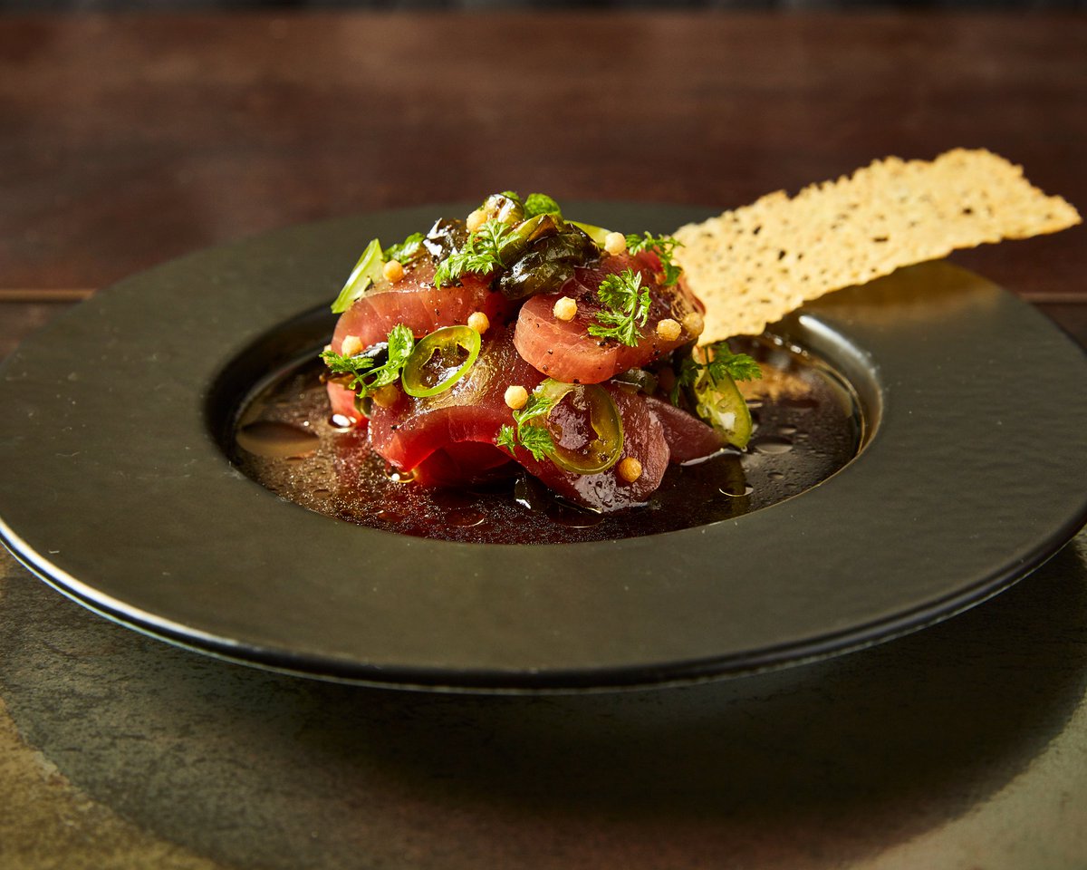 thefranklinroom's tweet photo. Truffled Tuna Crudo is one of the dishes guests can't stop talking about at The Franklin Room ✨ Sunomono, truffle ponzu, rice puff, cheese tuiles, and serrano make every bite a standout. 🐟 #TheFranklinRoom #TunaCrudo #PopularPick https://t.co/VKfrs4saRJ