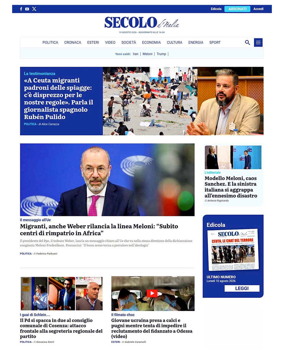 rubnpulido's tweet photo. 🇮🇹 Hoy en portada del Secolo d’Italia.

Parece mentira que la amenaza a la seguridad nacional que supone lo que acontece en Ceuta sea más tenida en cuenta en Italia que en nuestro propio país.

La mayoría de la gente sigue sin ser consciente de lo que todo esto implica.

👉🏼 https://t.co/0HAZFPuwzG