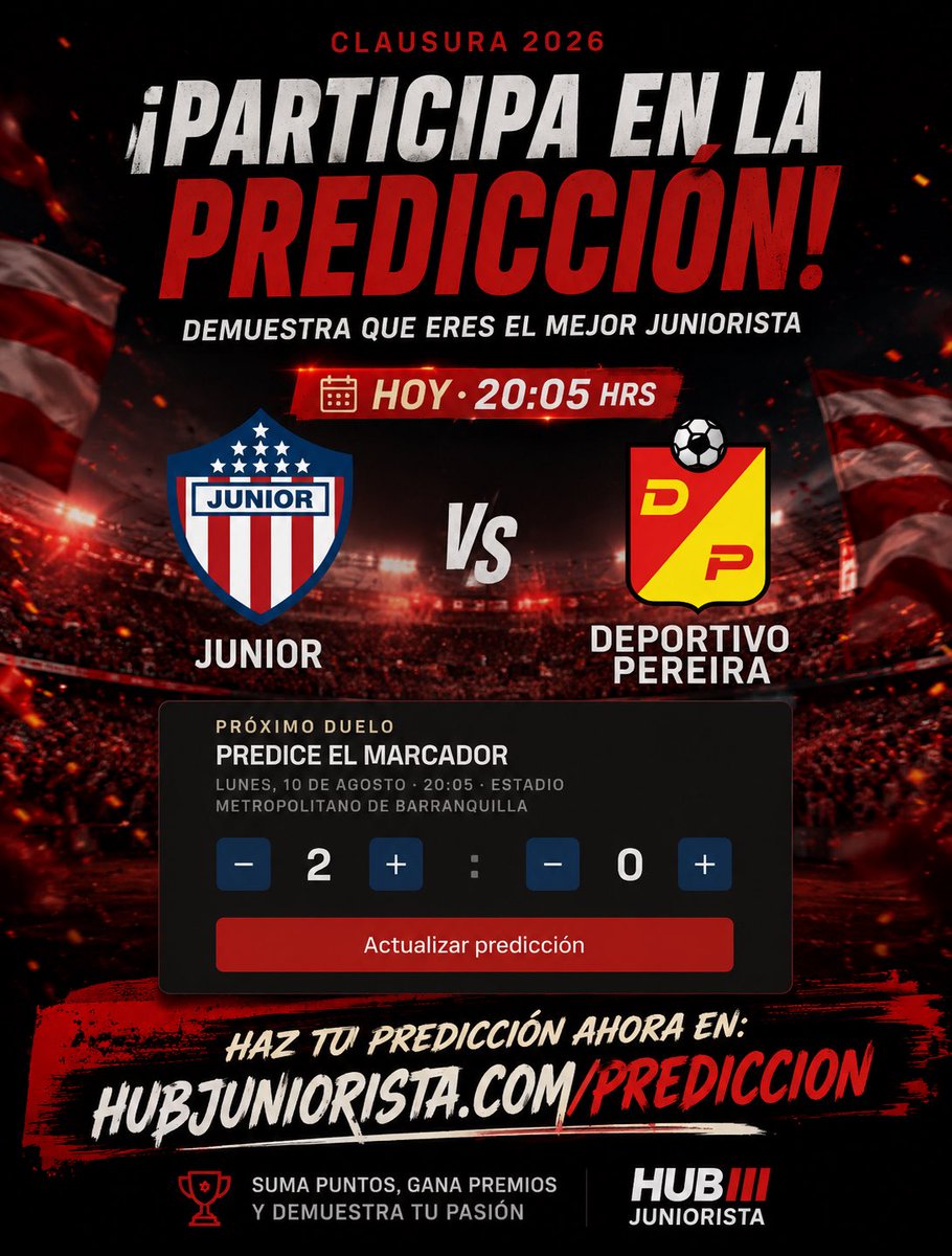 HubJuniorista's tweet photo. 🔴⚪ ¡HOY JUEGA JUNIOR! 🦈
Junior 🆚 Deportivo Pereira
⏰ 8:05 p. m.
🎯 ¿Cómo queda el partido?
Haz tu predicción antes del inicio, suma puntos y demuestra qué tanto sabes del Tiburón 👇
👉 https://t.co/saIaHez0x3
¿Cuál es tu marcador? 👀⚽
#VamosJunior #JuniorFC https://t.co/WxQ1QZ6NiE