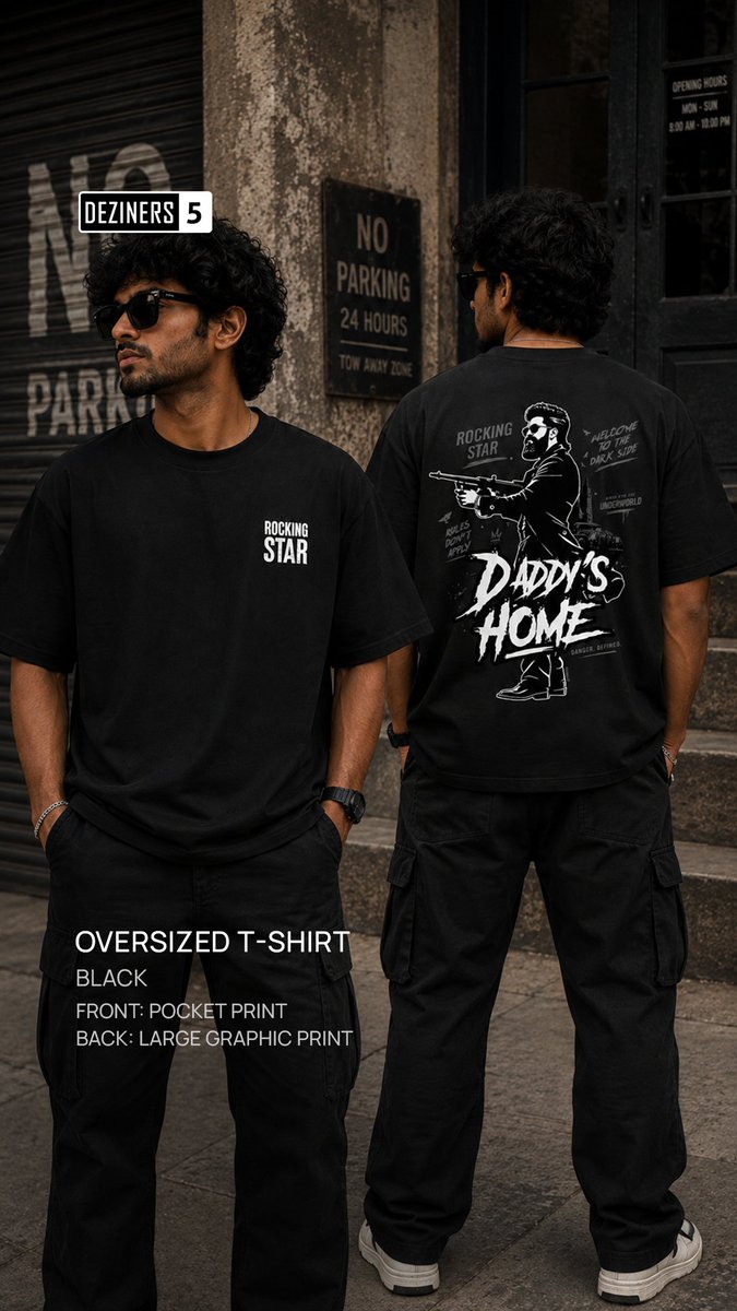 Deziners5's tweet photo. @YashFC @TeamYashFcTN @YFCVijayapur @YashFcMH @yashFcKodagu @Team_YFT DADDY'S HOME.
No introduction.
No rules.
No apologies.
DANGER. DEFINED.
A dark, gangster-inspired statement built for those who don't just enter the room - they own it.
OVERSIZED T-SHIRTS:
https://t.co/PyX78DCKNw
#Deziners5 #Yash #Toxic #Streetwear #MadeinIndia https://t.co/6KbPaP8Bg4