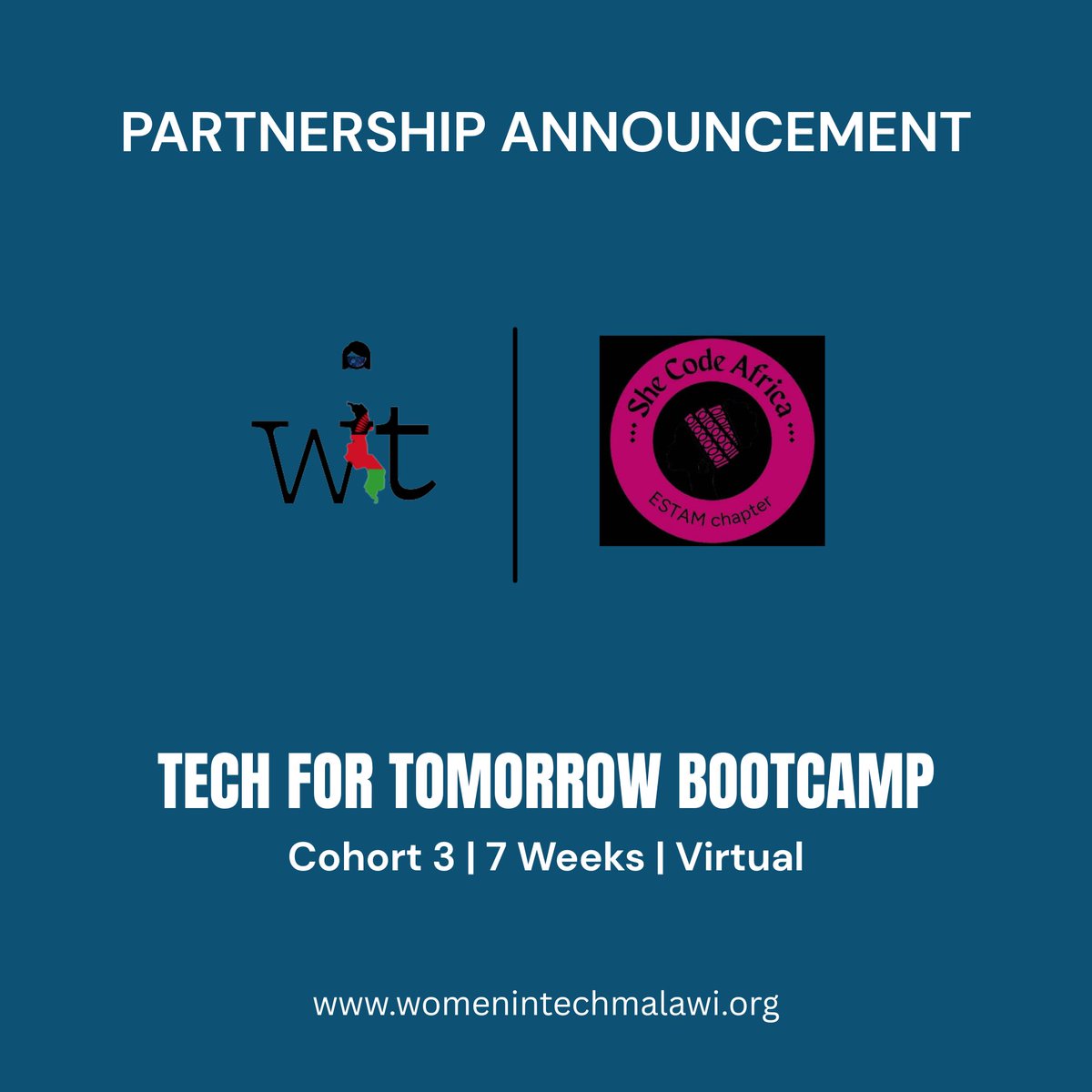 womenintech_mw's tweet photo. We’re excited to partner with @SCA_ESTAM for the Tech for Tomorrow Bootcamp 2026!

#TechForTomorrow #WomenInTech #SheCodeAfrica #Africa https://t.co/Kt6XYuWGg6