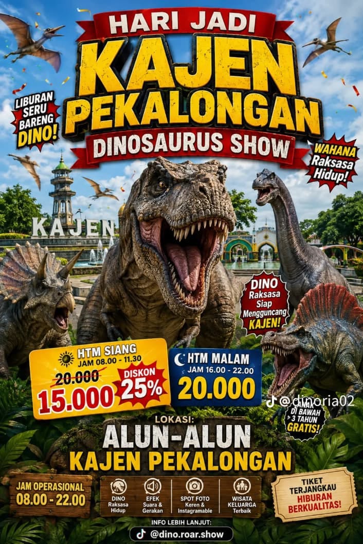 official_rasika's tweet photo. 🦖🔥 SIAP-SIAP LIBURAN SERU BARENG DINOSAURUS! 🔥🦖

📍 Lokasi:Alun-Alun Kajen, Pekalongan
🕗 Jam operasional: 08.00–22.00 WIB
🎟️ HTM Siang: Rp15.000
🌙 HTM Malam: Rp20.000

Hastag :
#rasikapekalongan #KajenPekalongan #DinosaurusShow #LiburanSeru #WisataPekalongan https://t.co/wOj4tNgSEh