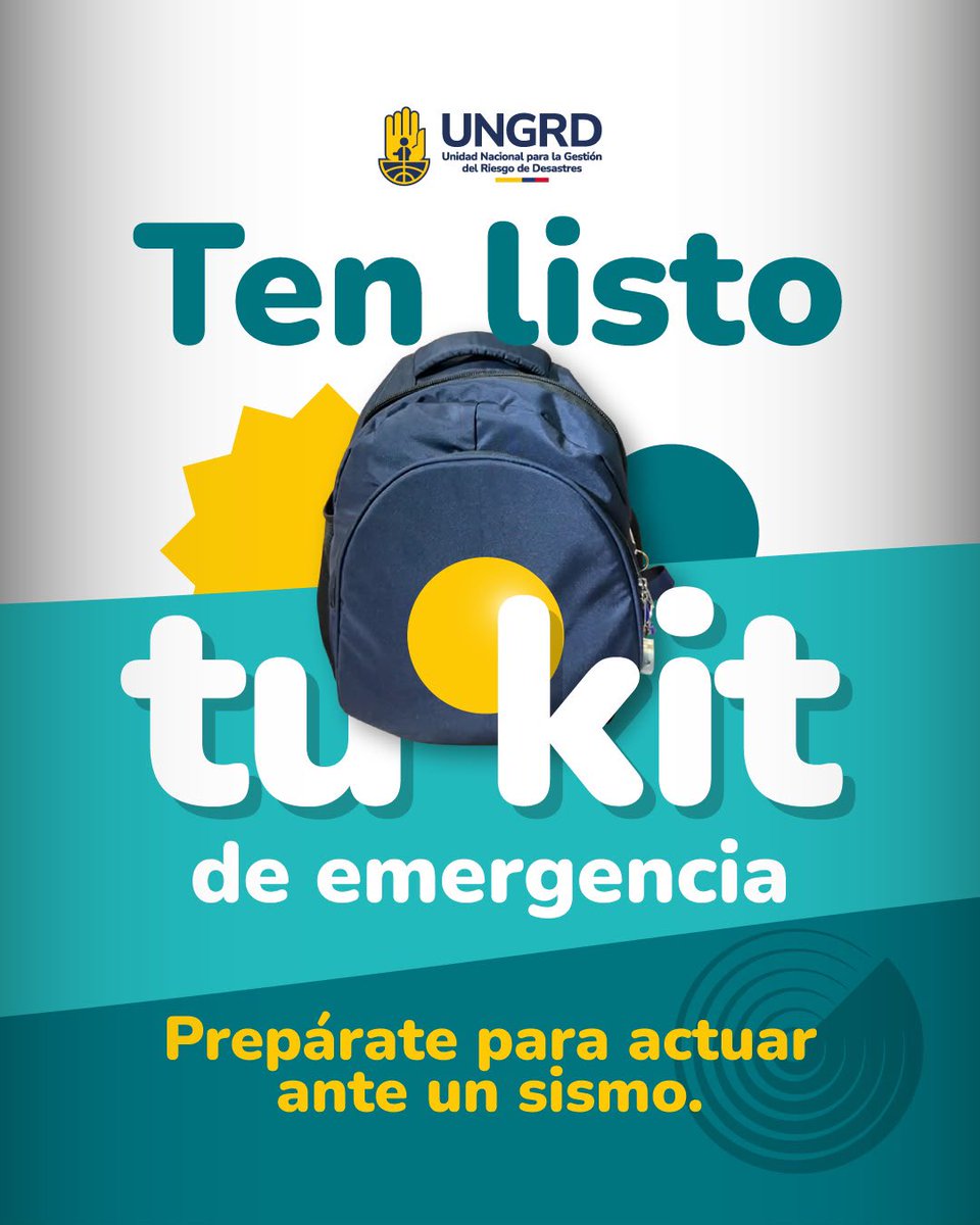UNGRD's tweet photo. ¿Ya tienes listo tu kit de emergencia? 

Agua, alimentos, documentos, botiquín, linterna y otros elementos básicos te ayudarán a estar preparado para actuar. 💪🏻💪🏻

Infórmate siempre a través de los canales oficiales del Servicio Geológico Colombiano (@sgcol) y la UNGRD. https://t.co/kUQy4MihZZ