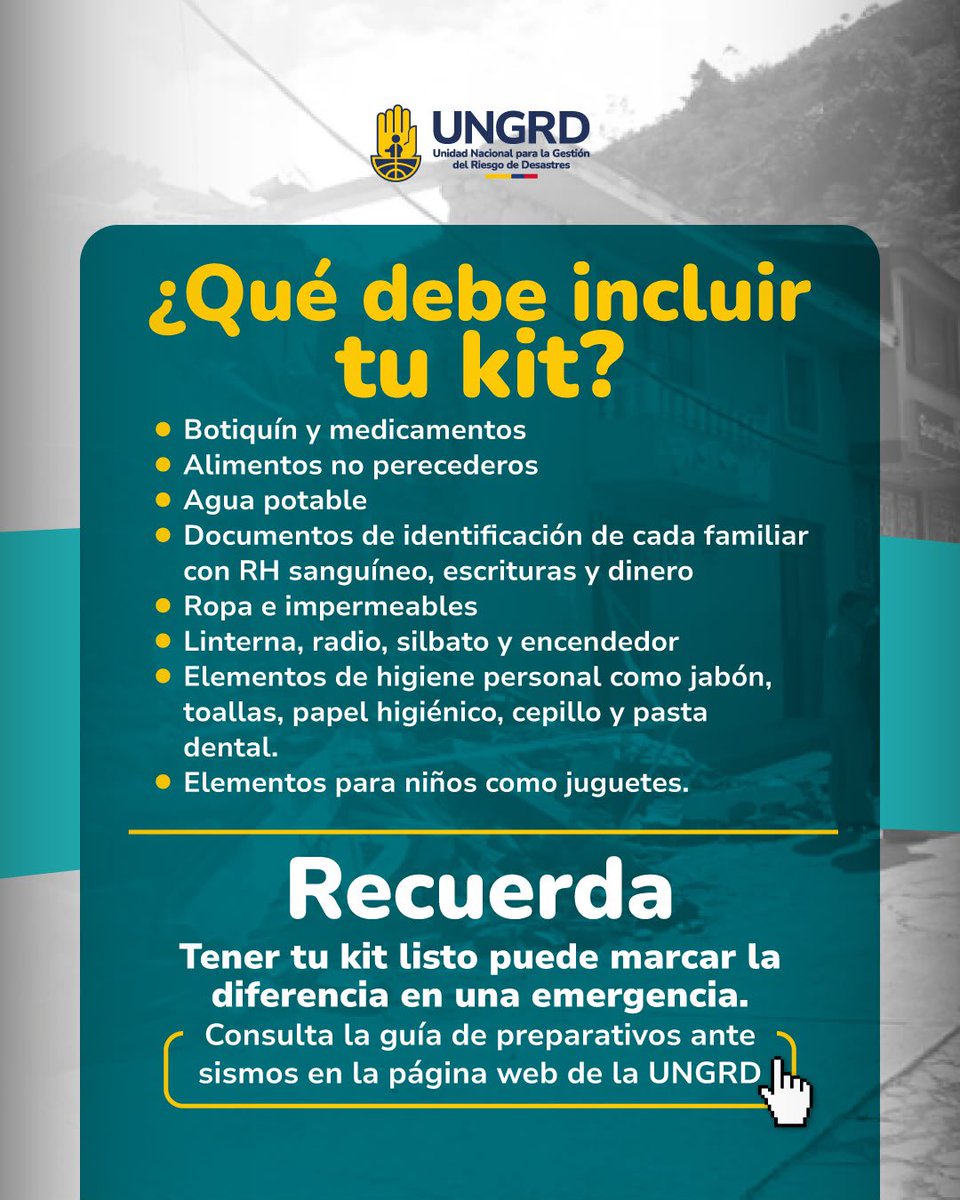 UNGRD's tweet photo. ¿Ya tienes listo tu kit de emergencia? 

Agua, alimentos, documentos, botiquín, linterna y otros elementos básicos te ayudarán a estar preparado para actuar. 💪🏻💪🏻

Infórmate siempre a través de los canales oficiales del Servicio Geológico Colombiano (@sgcol) y la UNGRD. https://t.co/kUQy4MihZZ