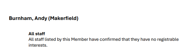 Gabriel_Pogrund's tweet photo. A glorious day for opponents of transparency in public life. 

MPs have removed the names of their parliamentary staff from a decades-old public register - meaning we do not know who these people are and are left to accept the word of their employer when they say (as in the case of the prime minister, here) that said staff do not have any outside earnings or private interests. 

"All staff have confirmed they have no registrable interests": oh, well that's that then.

No way of determining if true; no way of finding out if MPs employing family members; no way for anyone other than MPs themselves to uphold standards or examine who is operating in the Palace of Westminster on their behalf. 

The decision was driven by ... you guessed it ... MPs themselves, following behind-closed-door consultations with staff trade union representatives - not media or anti-corruption organisations. 

Echoes of the time that decided among themselves - with nil meaningful debate - to exempt themselves from the centuries-old system by which those arrested would be named before the Commons. 

Parliament being sovereign it is always free to take such steps without consultation or engagement with the public - the hope is they decide not to abuse their positions and proactively seek criticism or counter-views. 

In this instance, sadly, MPs have demonstrated they cannot be trusted to do so - they have put us out of step with comparable democracies without anything approaching scrutiny: