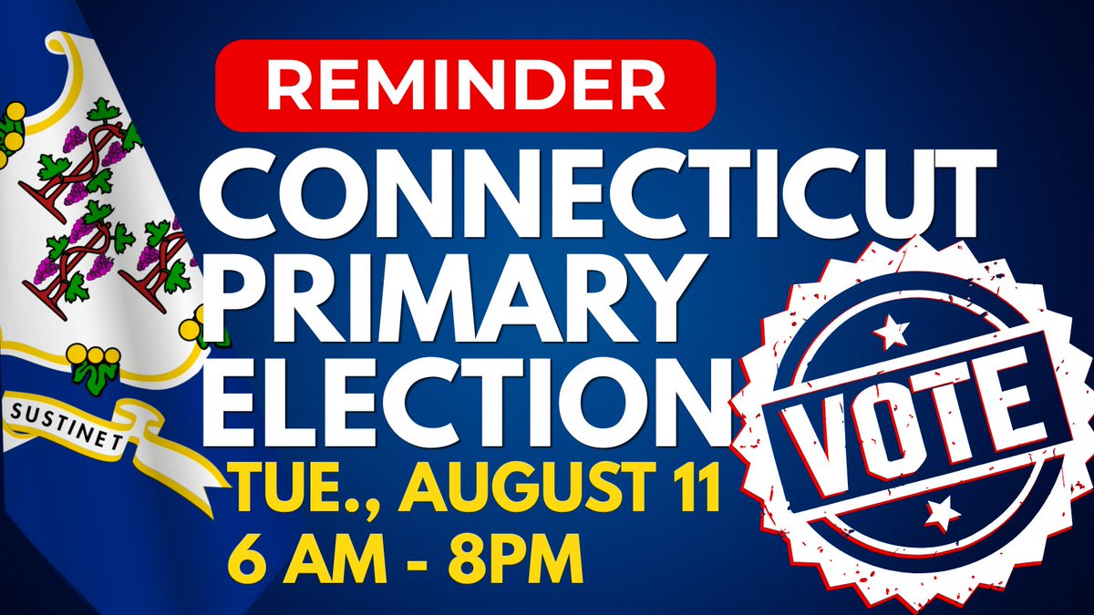 CTNetworkTV's tweet photo. 🗓️📷Mark your calendar! The 2026 state primaries will be held on Tue., 8/11 from 6 am - 8 pm. CT primaries are semi-closed, so only registered Democrats and Republicans can vote. For CT election info visit https://t.co/mfmH2BCaM4 or call 860-509-6200. #ctdemocracycenter #ctdc https://t.co/bffwXOrPxf