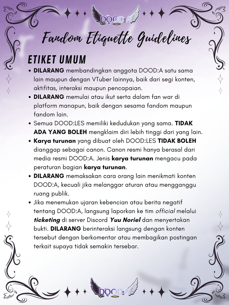dooda_project's tweet photo. Hola DOOD:LES!

Berikut adalah Fandom Etiquette Guidelines untuk kamu semua, di simak yaa!

Gambar pertama: Etiket Umum
Gambar kedua: Interaksi antara DOOD:A dan DOOD:LES maupun sesama DOOD:LES
Gambar ketiga: Karya Turunan
Gambar keempat: Hashtag thumbnail

#DOODAProject https://t.co/2gsVFxAXFY