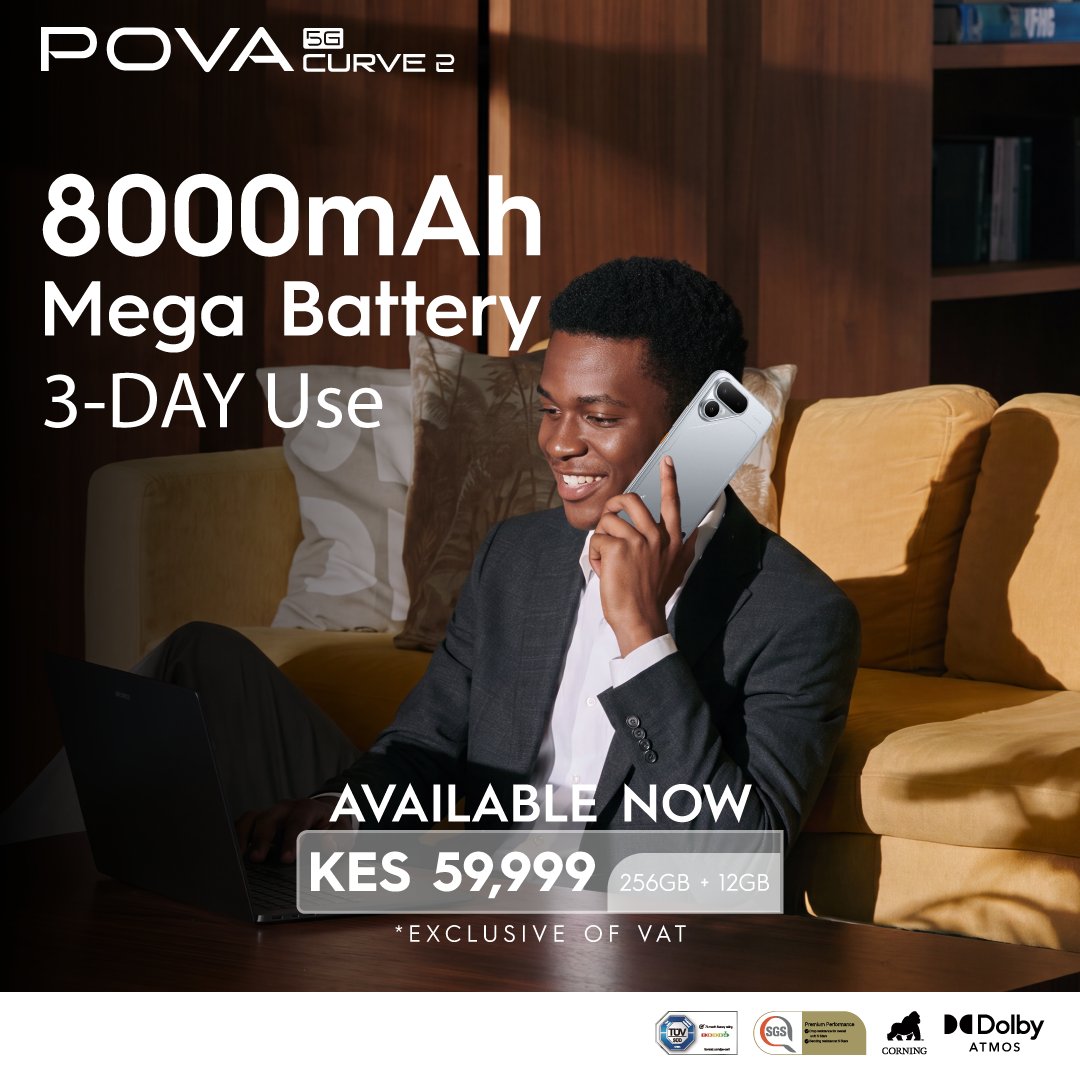 TECNOMobile254's tweet photo. Your ambition doesn't clock out.
Neither should your battery.
With an 8000mAh Mega Battery delivering up to 3 days of use, the POVA Curve 2 5G keeps you connected from your first call to your final win.
Now available for KES 59,999.
Own Your MOVE. https://t.co/uS7MtialYS