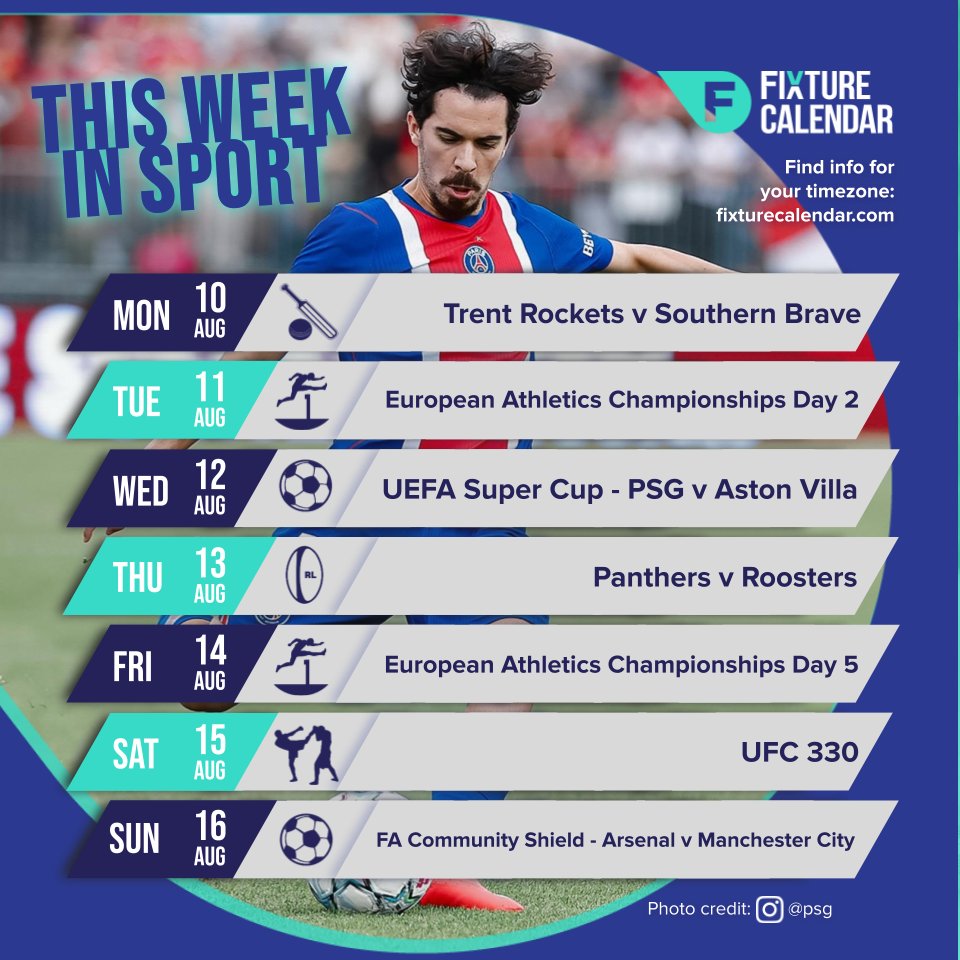 fixturecalendar's tweet photo. A fantastic week of sport awaits!

🎽: European Athletics Championships
🏉: Panthers v Roosters
🥊: UFC 330
⚽: Community Shield

Check out our full preview of the week on the Fixture Calendar Website: https://t.co/j4aU9p2CQi

#Birmingham2026 #NRL #UFC330 #CommunityShield https://t.co/bmfbuvMZRO
