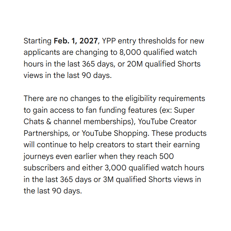 zachbussey's tweet photo. YouTube is making changes to the YouTube Partner Program (YPP) for *new* applicants. 

Starting February 1, 2027,  creators will need:
1. 8000 Qualified Watch Hours (up from 4000), or
2. 20M Qualified Shorts Views (up from 10M)

There are no eligibility changes for fan funding. https://t.co/38XVLso7EP