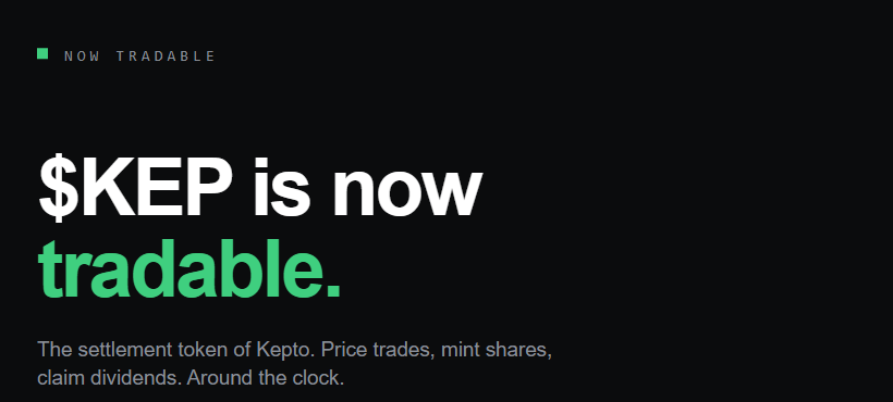 Kepto_XYZ's tweet photo. Every mint, redemption and dividend on Kepto settles in $KEP. 

It's tradable now.

CA: 0x5CD3dA2892B4AD15f110D6ee3a8f635Cc0ABBb19 https://t.co/lLzxB8MCIc