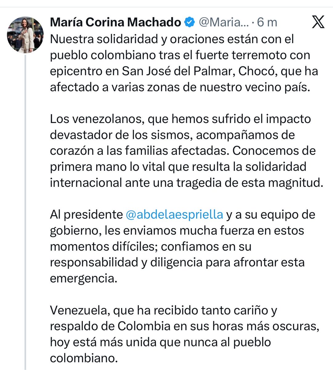 OrlvndoA's tweet photo. #AHORA | María Corina Machado expresa su solidaridad al pueblo colombiano y le envía un mensaje al presidente Abelardo de la Espriella:

“Les enviamos mucha fuerza en estos momentos difíciles; confiamos en su responsabilidad y diligencia para afrontar esta emergencia”. https://t.co/pMIZLuS1zc