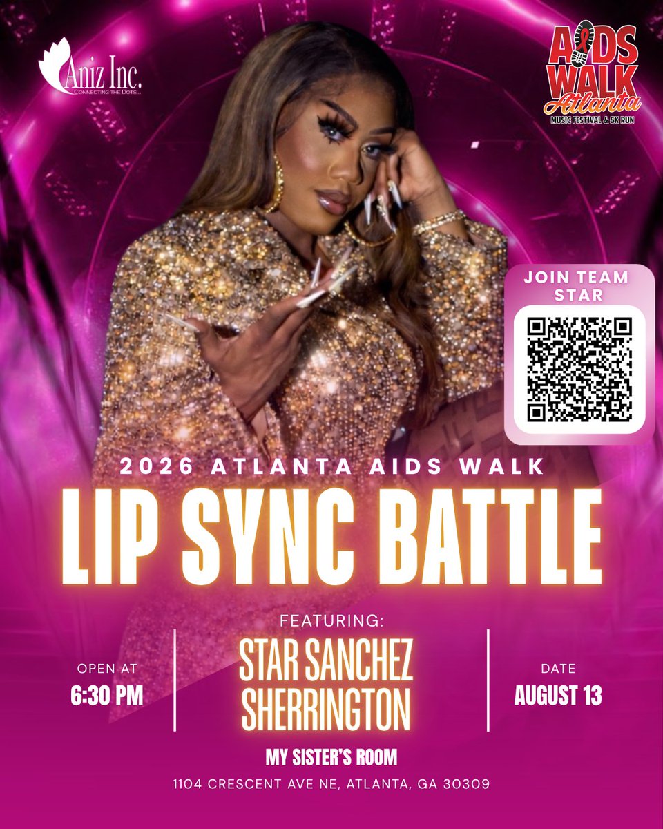 Aniz_Inc's tweet photo. 🎤🔥 Aniz, Inc. is LIP SYNCING FOR A CAUSE! Join us Aug. 13 at 6:30 PM at My Sister’s Room as 2 Aniz performers battle to win funds supporting our Atlanta AIDS Walk mission! ❤️🙌🏾 #AnizInc #AIDSWalkAtlanta https://t.co/r3UeJAb24l