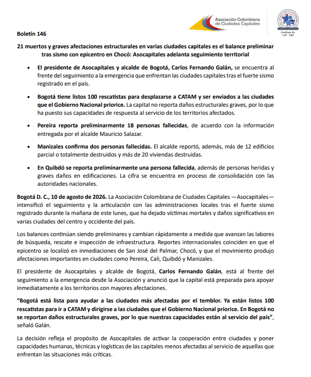 larepublica_co's tweet photo. #Atento | Asocapitales presentó el balance preliminar tras el sismo con epicentro en el Chocó, en el cual aseguró que hay 21 fallecidos y graves afectaciones estructurales en varias ciudades capitales. De estas víctimas, 18 son de Pereira, dos de Manizales y una de Quibdó https://t.co/1wme9aMbZr